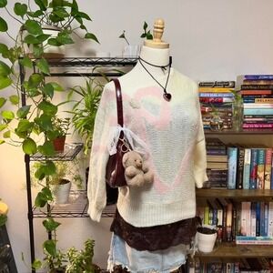 Vintage Ginenne Pink Bow Sweater Off The Shoulder Beaded Knit Size Small